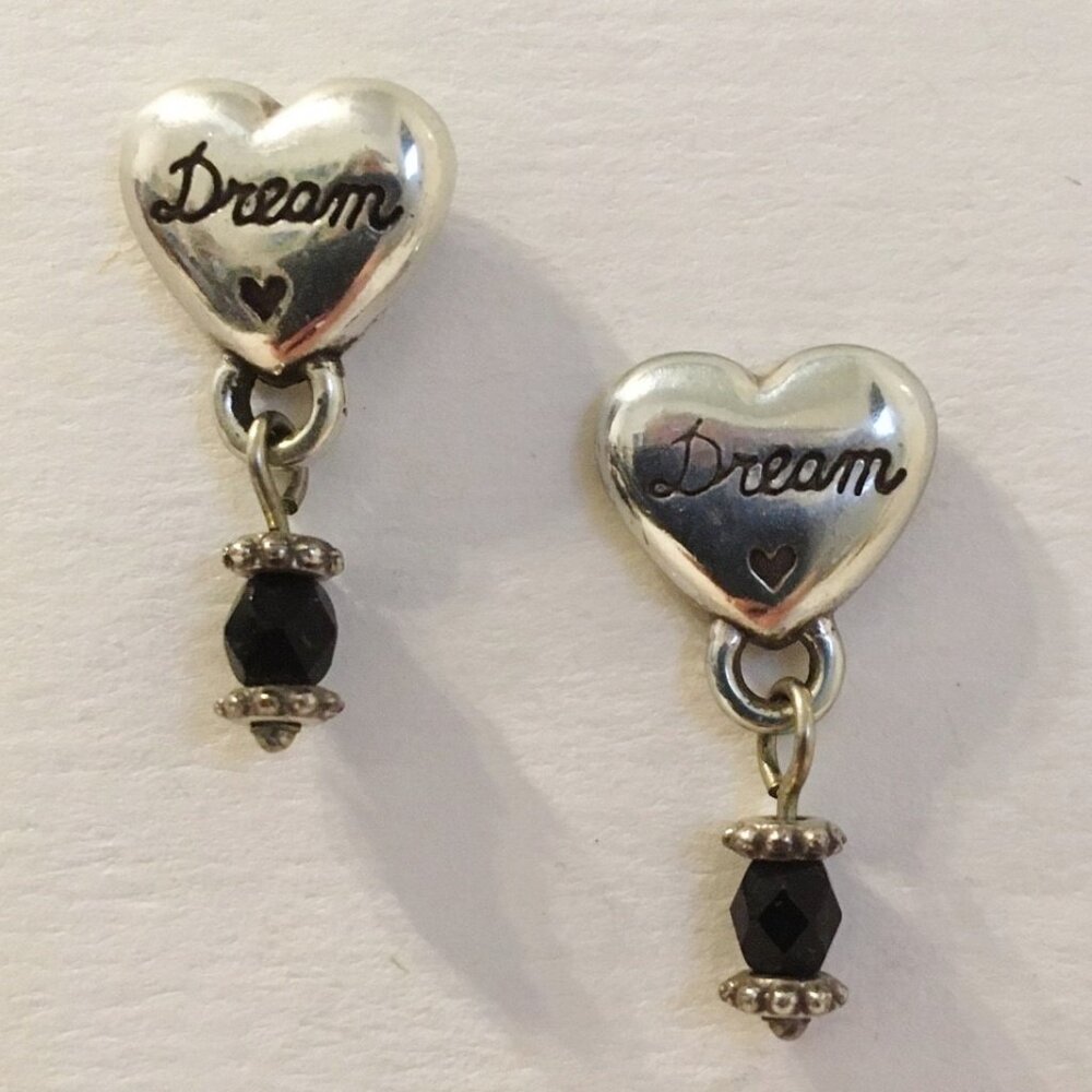 Heart Earrings Dream Engraved Silver Tone Metal Black Beaded Pierced Post Cute